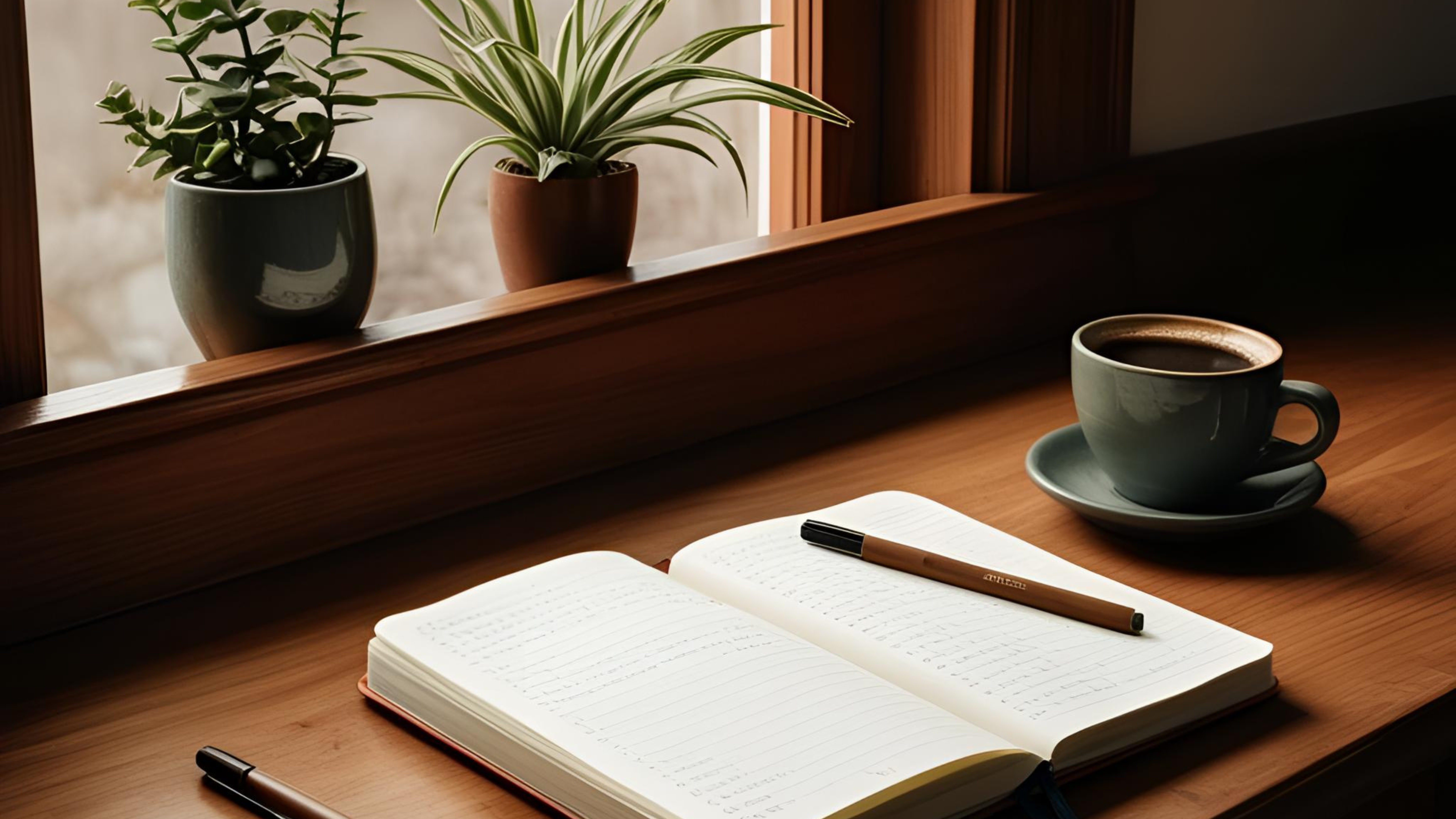 Open journal with a pen resting on its pages, next to a cup of coffee on a wooden desk by a window with potted plants—inviting a moment of reflection and writing.
