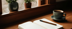 Open journal with a pen resting on its pages, next to a cup of coffee on a wooden desk by a window with potted plants—inviting a moment of reflection and writing.