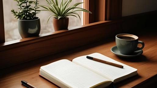 Open journal with a pen resting on its pages, next to a cup of coffee on a wooden desk by a window with potted plants—inviting a moment of reflection and writing.