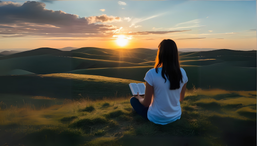 Christian writer sitting outdoors with a Bible at sunrise, seeking God’s inspiration for faith-based writing.